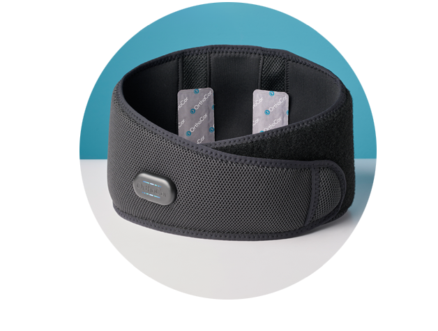 The OrthoCor Back Active System standing upright with OrthoPods, set against a blue and gray background.